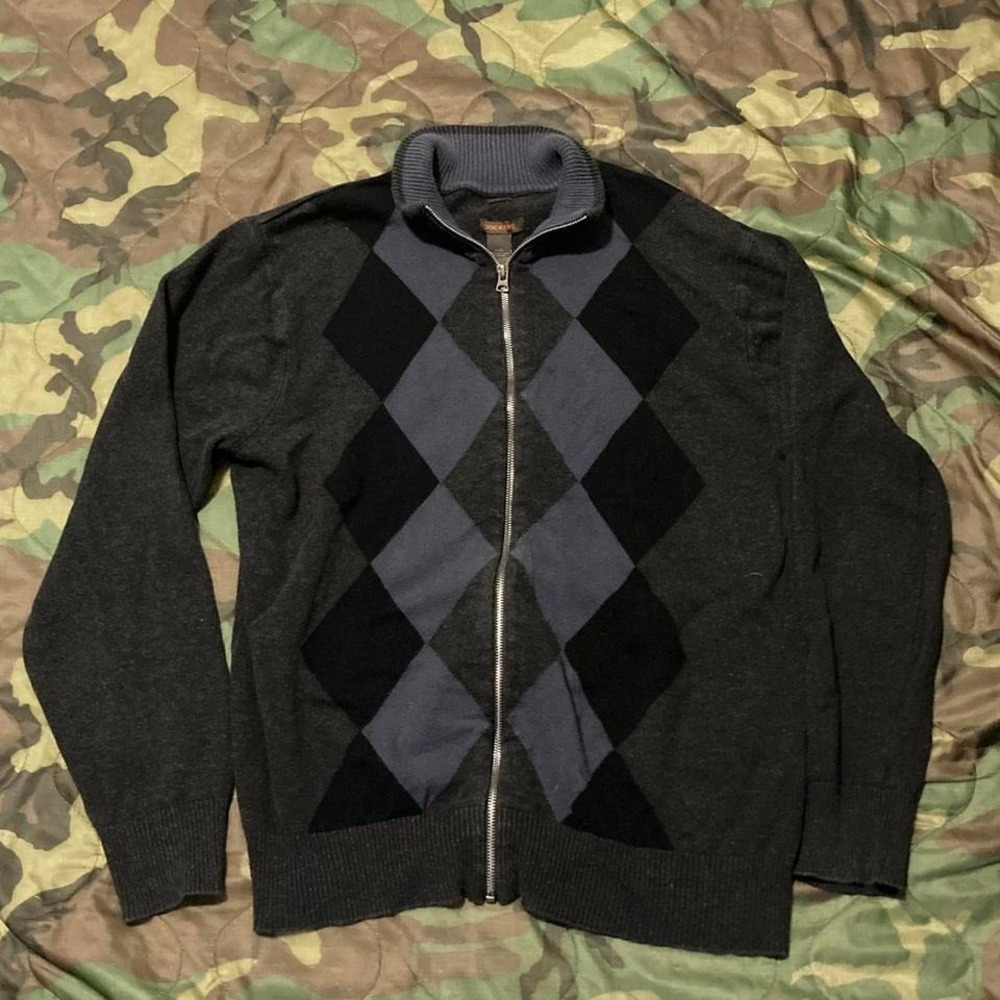 Dockers slim‎ fit full zip knit jumper argyle charcoal cotton L/22
